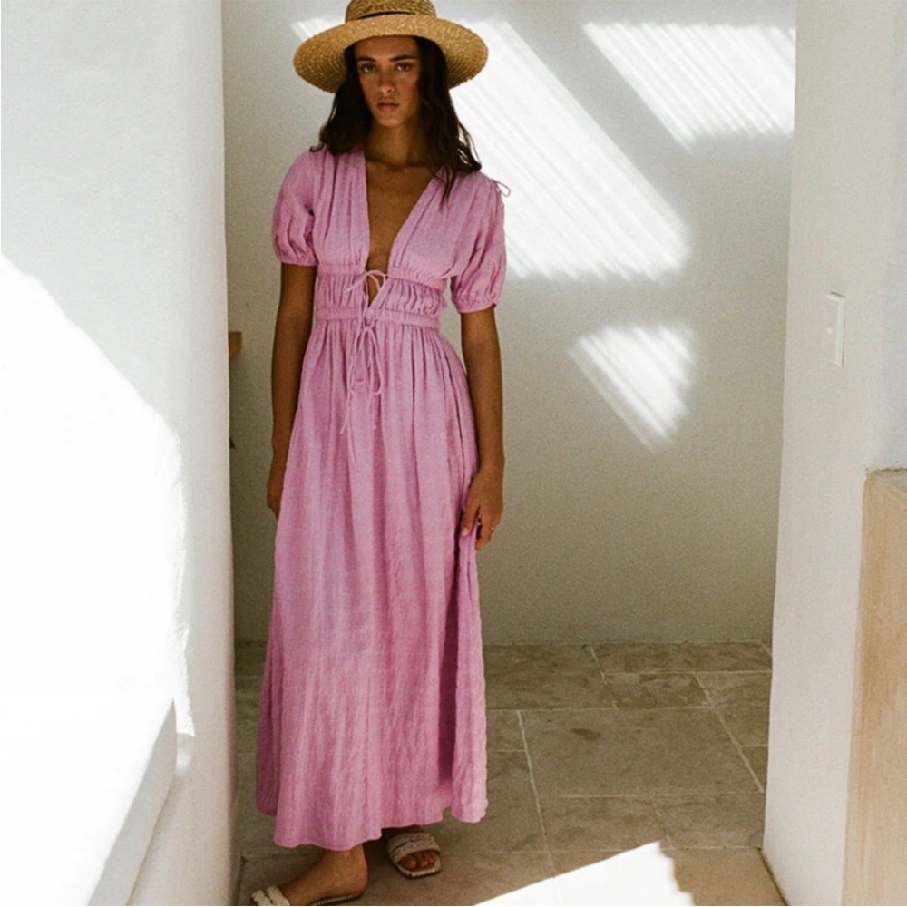 Sabo Narelle Maxi Dress Lavender Purple Cotton V-Neck Puff Sleeve Size S/US 4